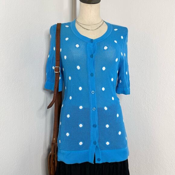 Blue Cotton Polka Dot Cardigan Sheer Size Medium Y2k Coquette Preppy Bright - Picture 2 of 7